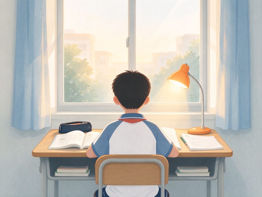 初中生在书桌前安静学习