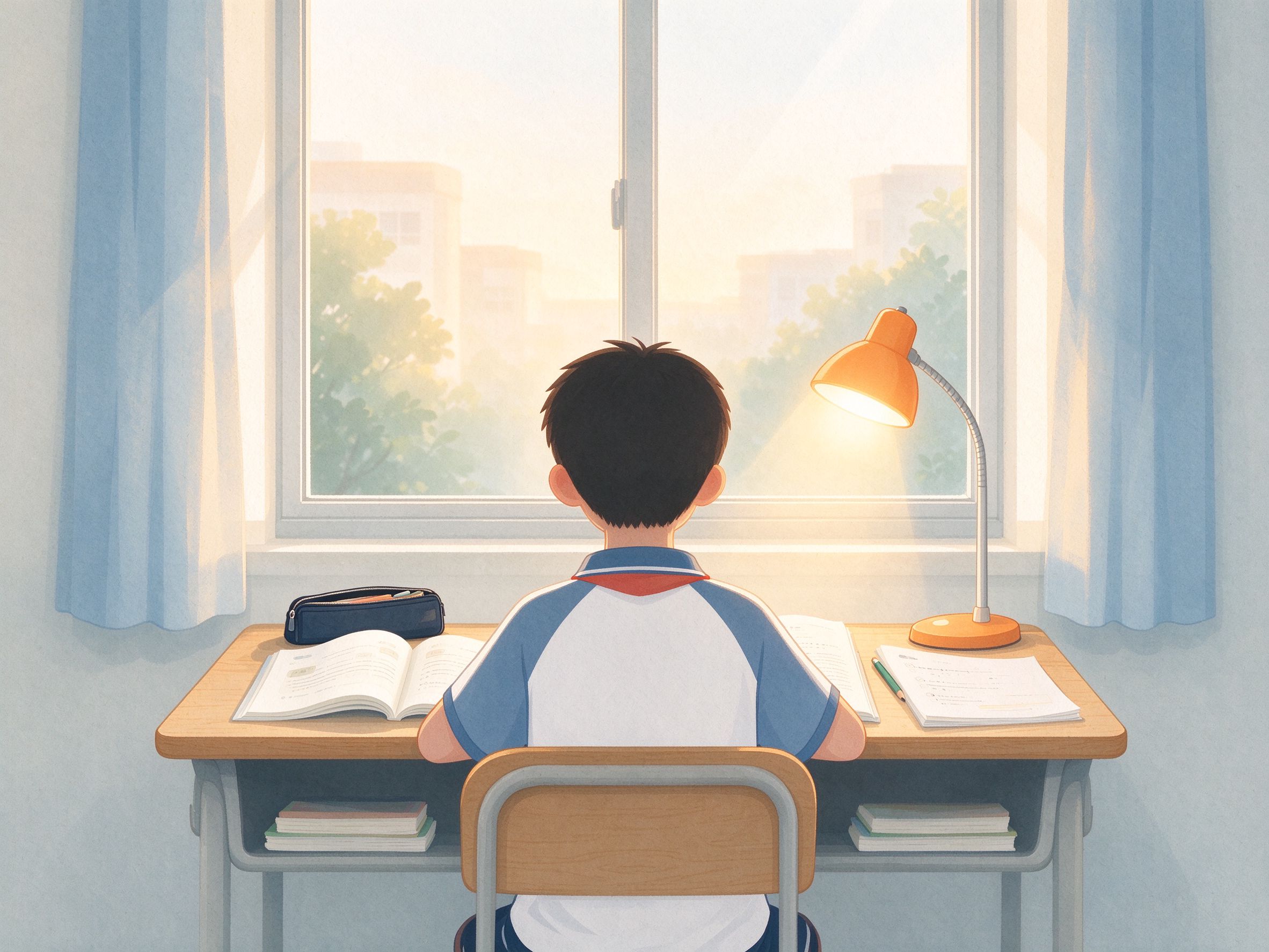 初中生在书桌前安静学习
